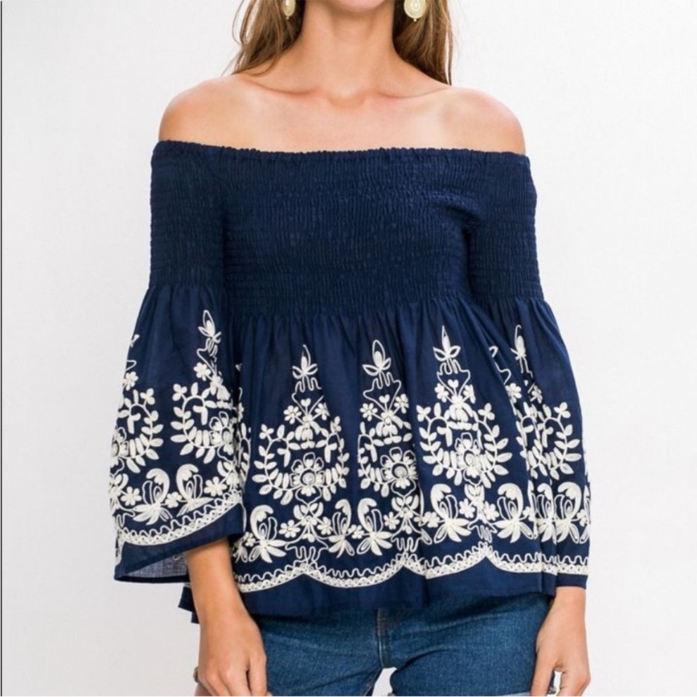 FLYING TOMATO Boho Navy Blue Embroidered Smocked Off Shoulder Top Cotton S